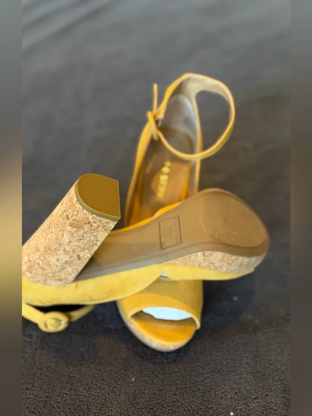 Sun + Stone Yellow Suede Cork Platform Heels - Picture 4 of 6